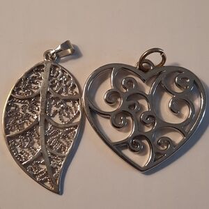 Silver Leaf and Heart Pendant Set